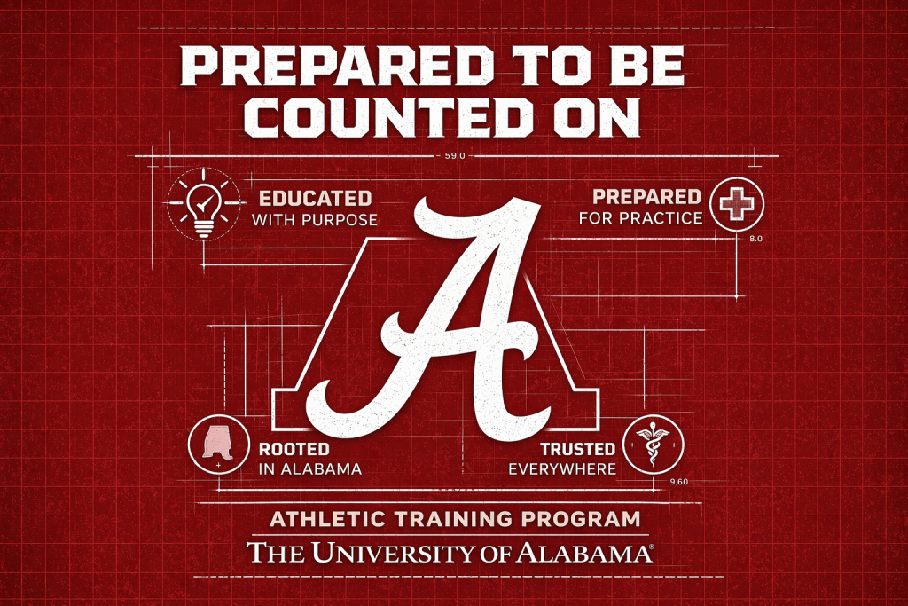 A crimson, blueprint-style graphic promoting The University of Alabama Athletic Training Program. The design features a large scripted “A” centered on a textured red background with grid lines and technical markings. Bold white text at the top reads “Prepared to Be Counted On.” Surrounding the logo are labeled icons and phrases: “Educated with Purpose” with a lightbulb icon, “Prepared for Practice” with a medical cross, “Rooted in Alabama” with the state outline, and “Trusted Everywhere” with a medical caduceus symbol. At the bottom, white text reads “Athletic Training Program” and “The University of Alabama.”