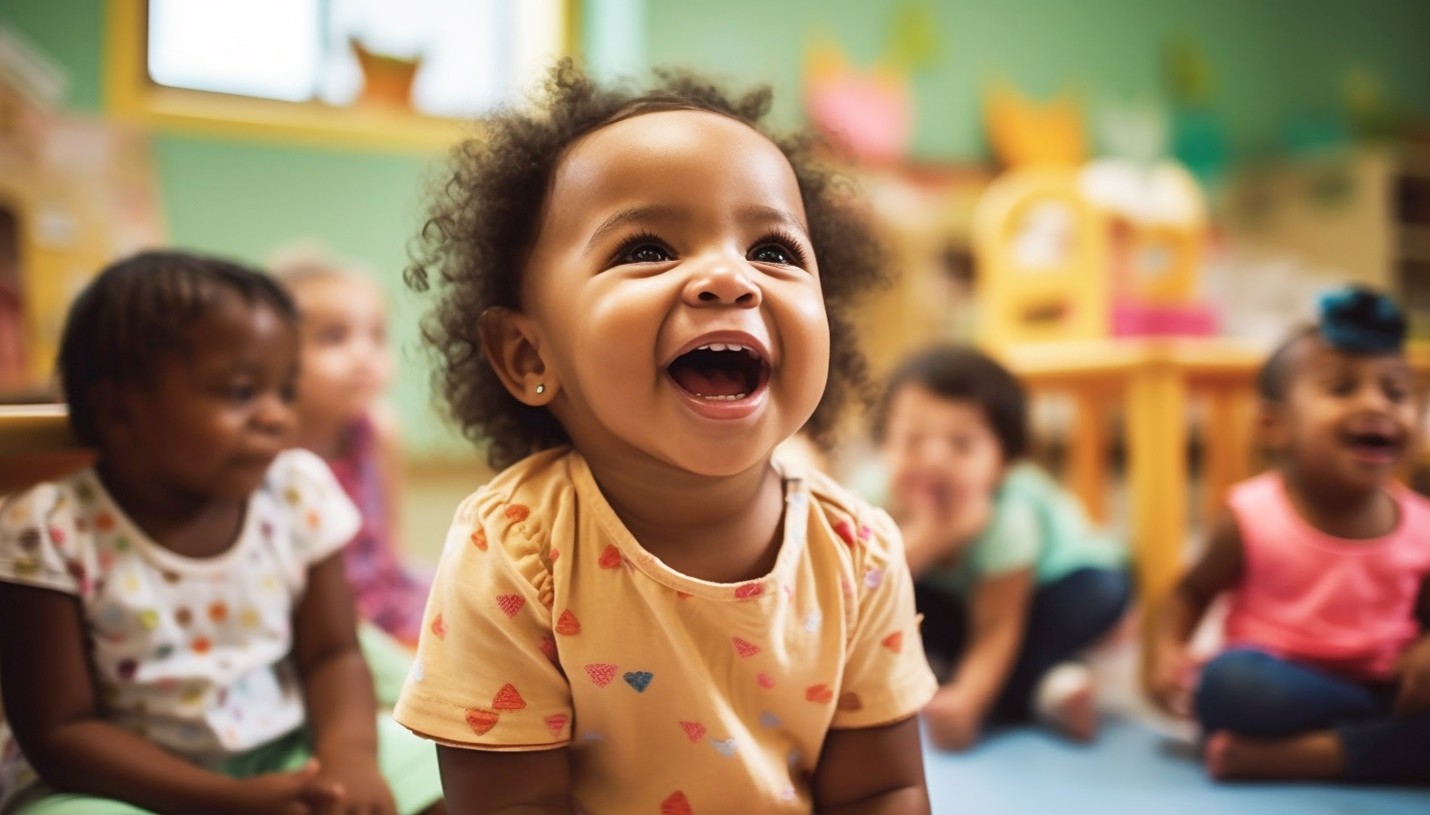  Several Children in a classroom smiling and having fun.